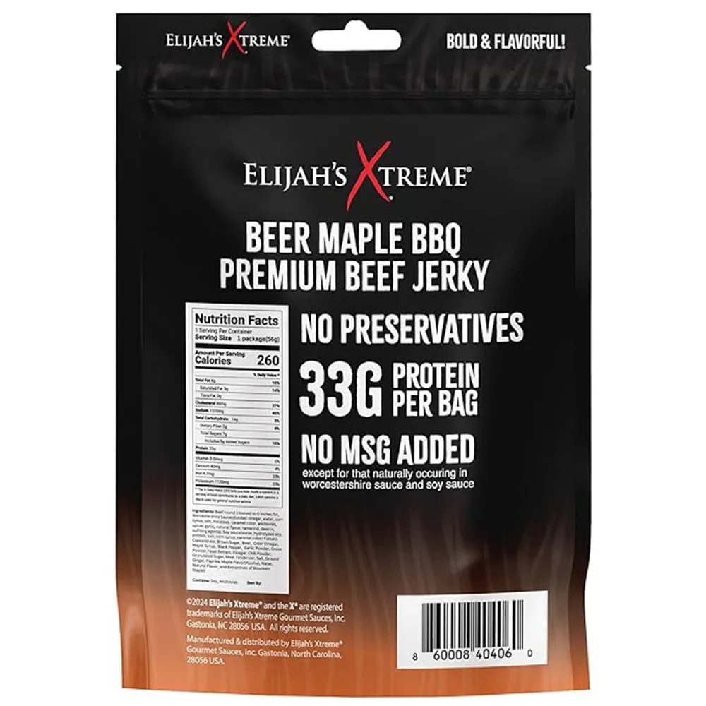 Elijah's Xtreme Beer Maple BBQ Infused Beef Jerky 2 Oz Keto No MSG EXBMAPLEJERKY