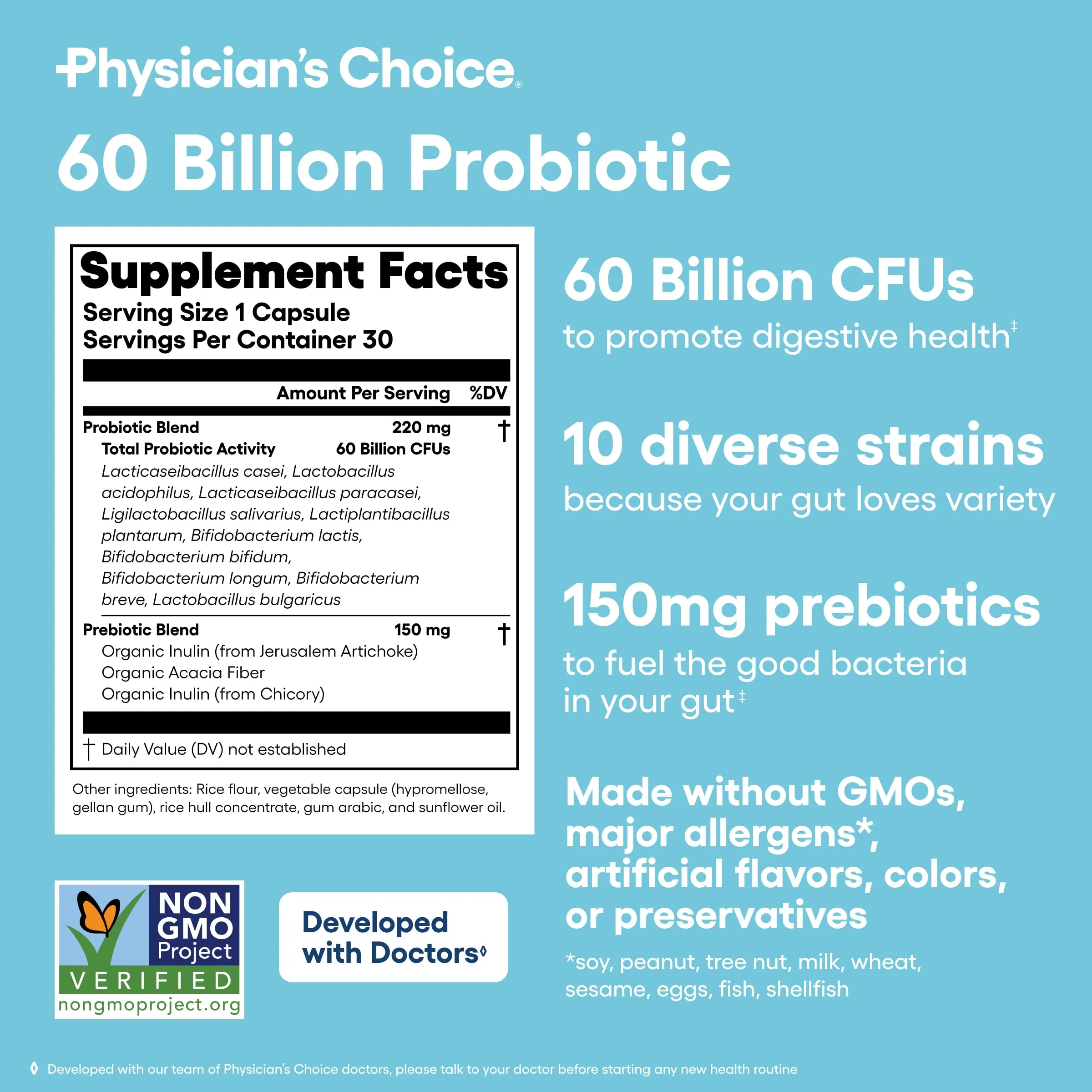 Physician's Choice Probiotics 60 Billion CFU - 10 Strains   Organic Prebiotics - Immune, Digestive & Gut Health - Supports Occasional Constipation, Diarrhea, Gas & Bloating - for Women & Men - 30ct