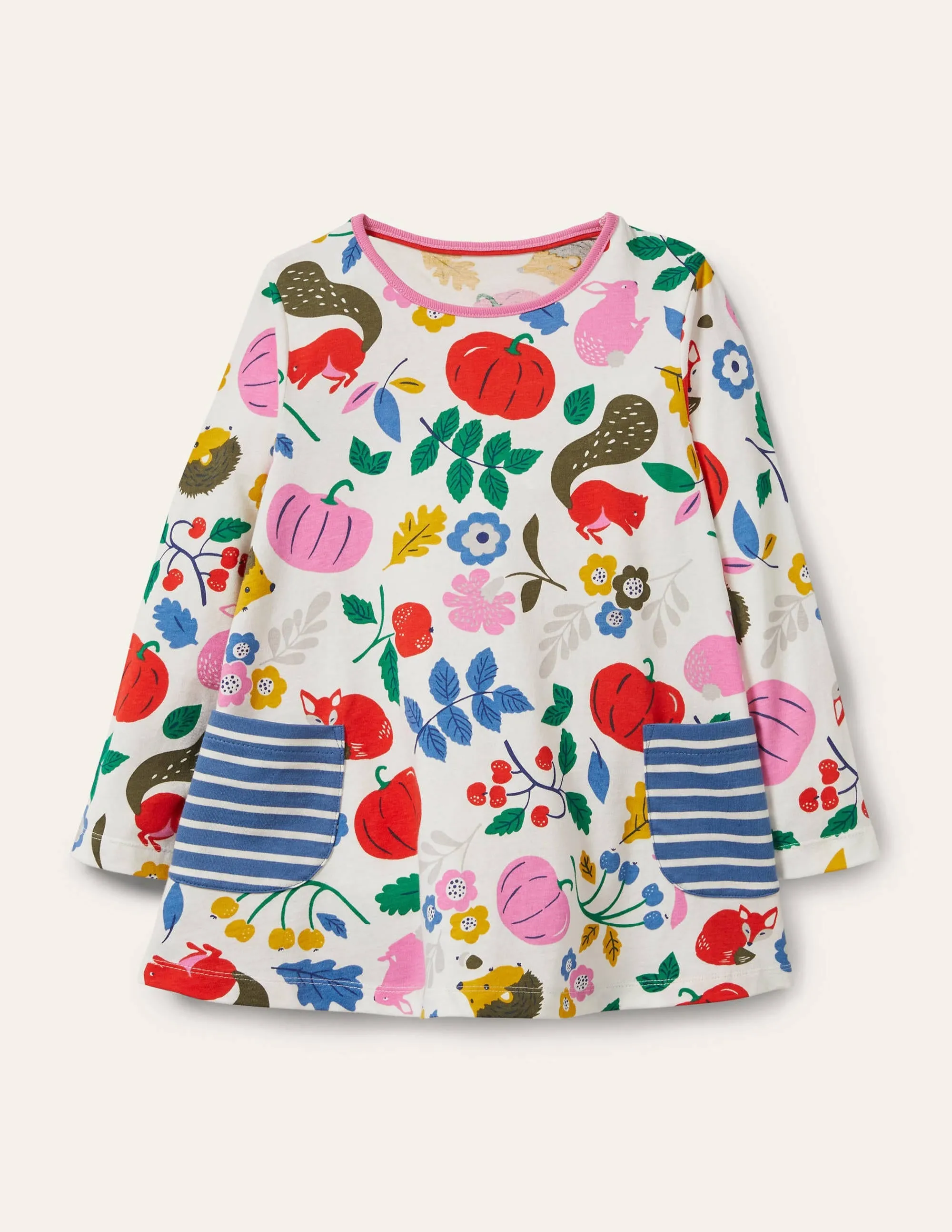 Printed Jersey Pocket Tunic-Ivory Forest Friends